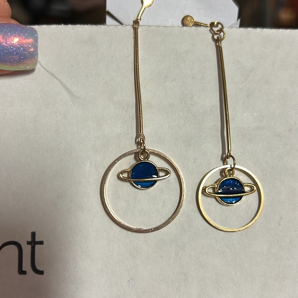Asymmetrical Gold and Blue Planet Screw Back Earrings - Picture 2 of 3